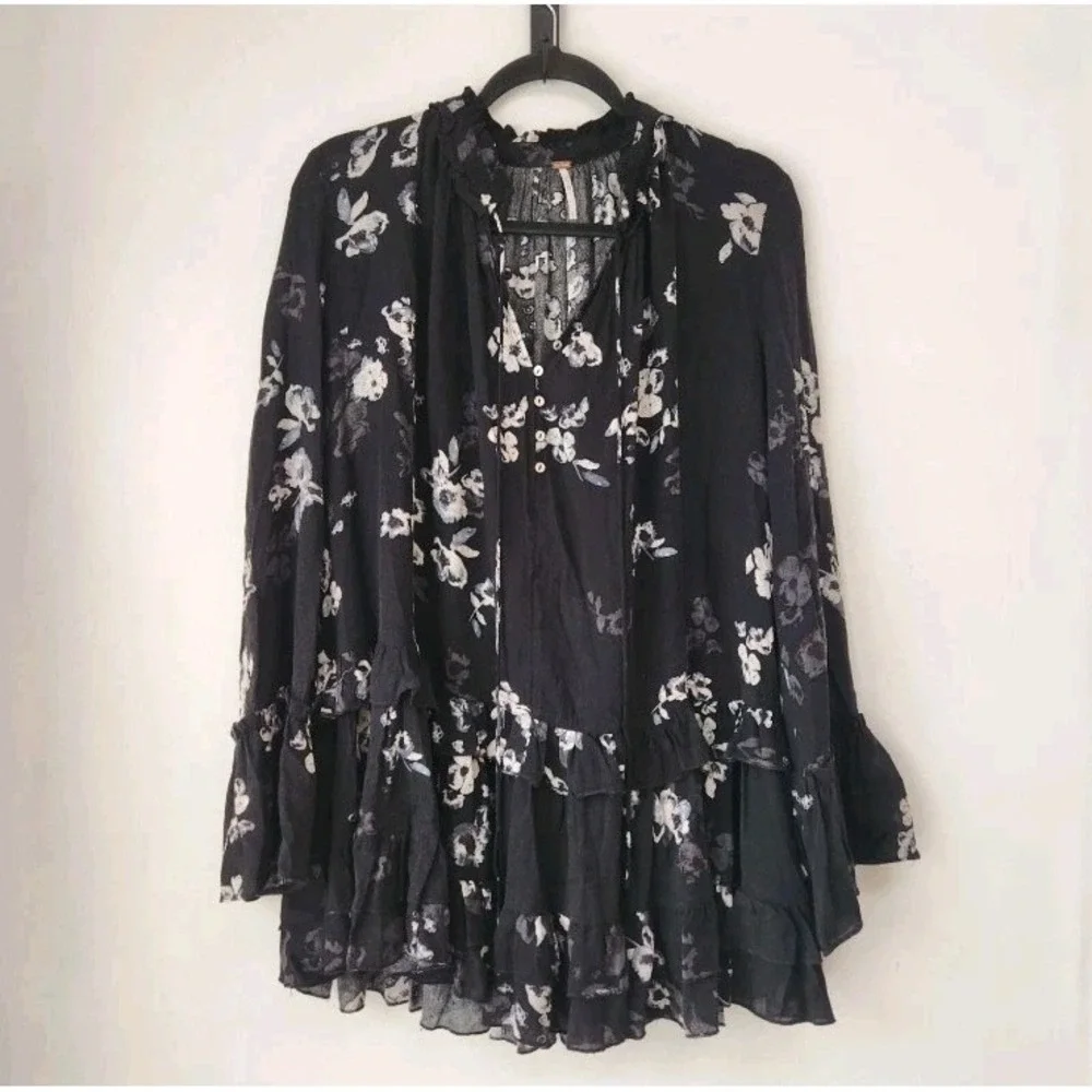 Free People Cloverfield Printed‎ Tunic Black Womens XS Floral